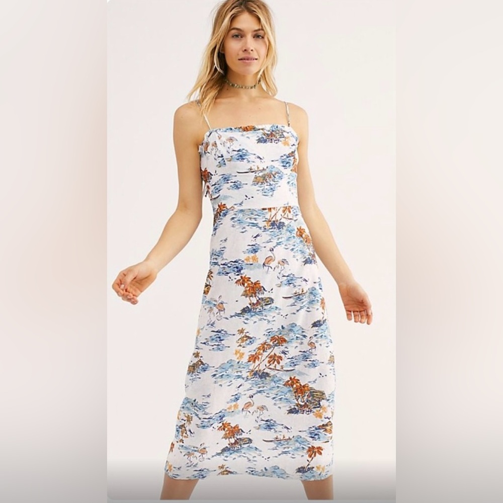 Free People White Tropical Print Slip Dress with Blue and Brown Accents - Picture 3 of 14